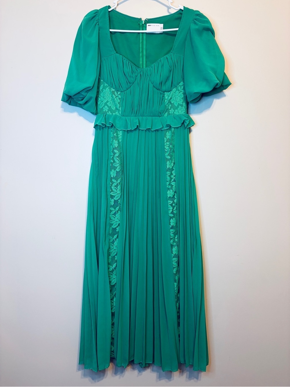 ASOS Emerald Green Pleated Maxi Dress with Lace Panels